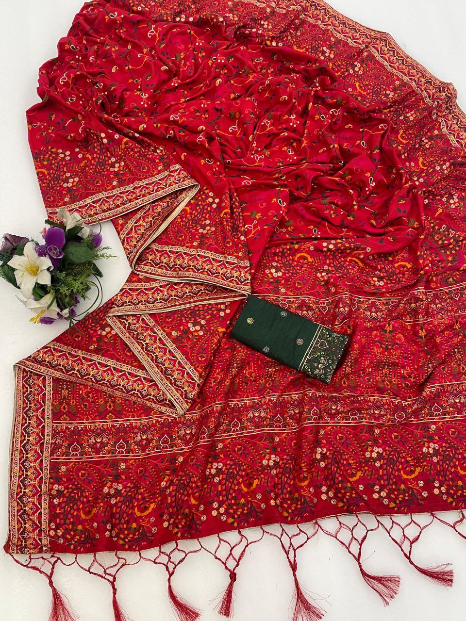Royal Pashmina Kaju Soft Silk Saree - RED