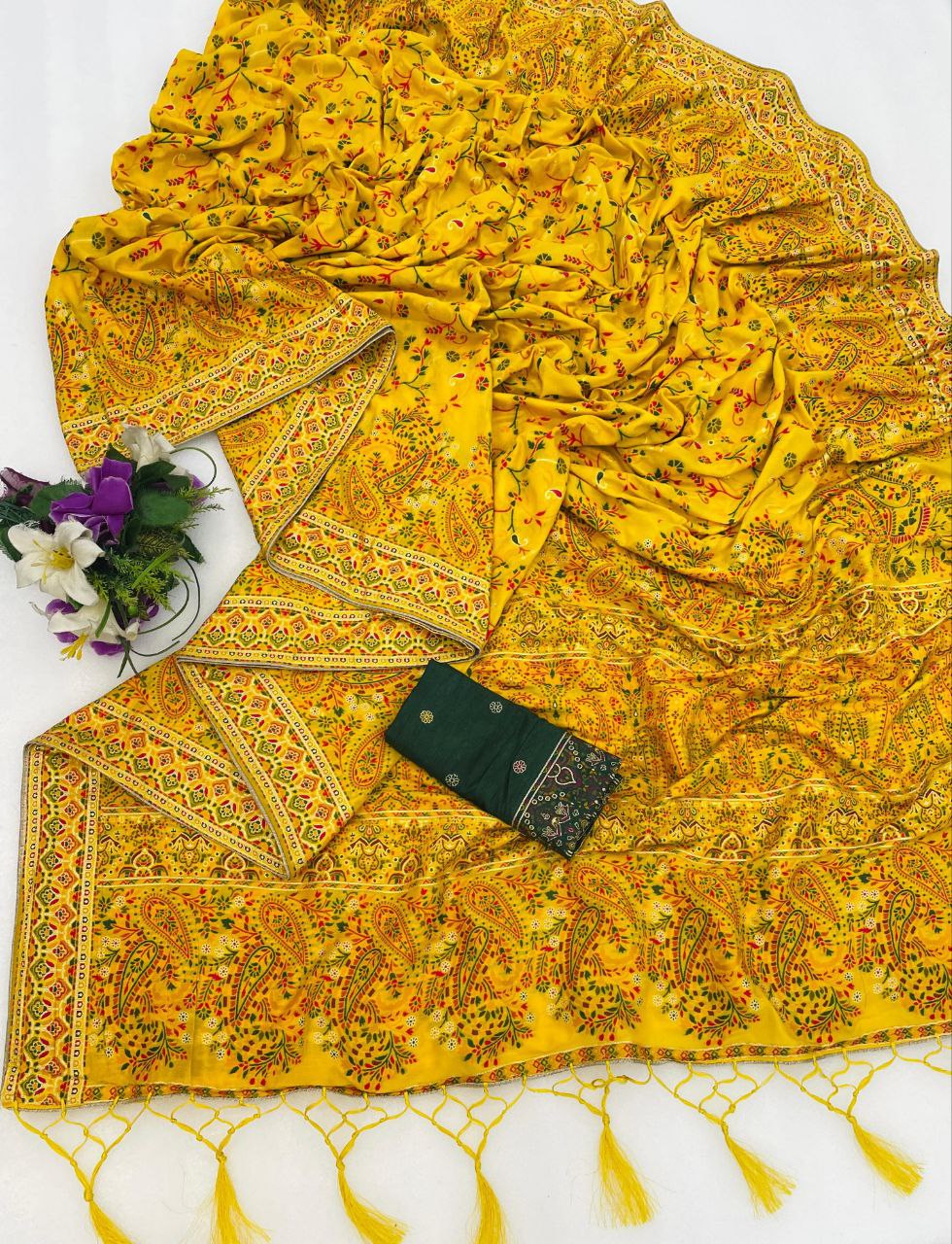 Royal Pashmina Kaju Soft Silk Saree - YELLOW