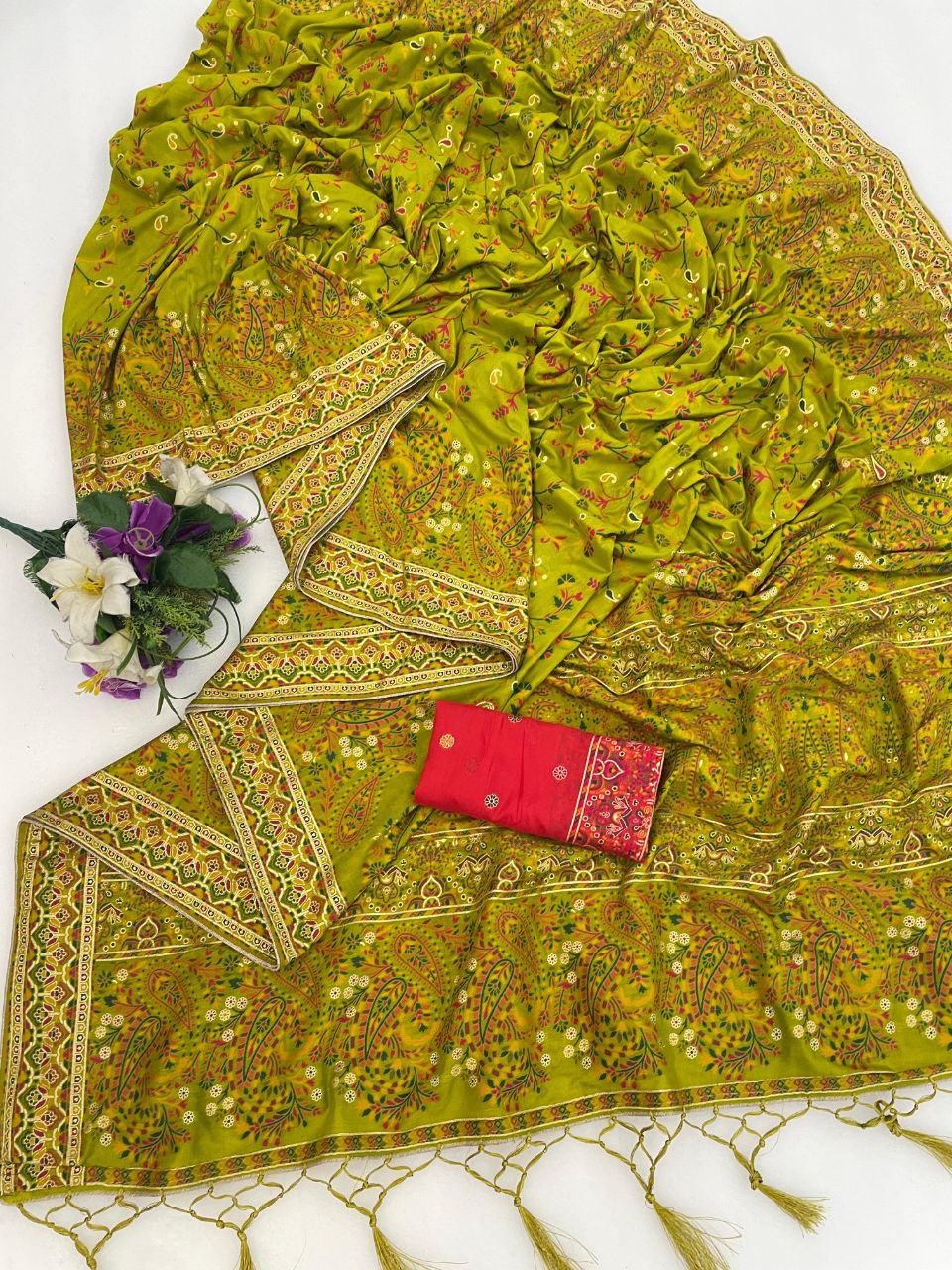 Royal Pashmina Kaju Soft Silk Saree - PISTA LIME GREEN