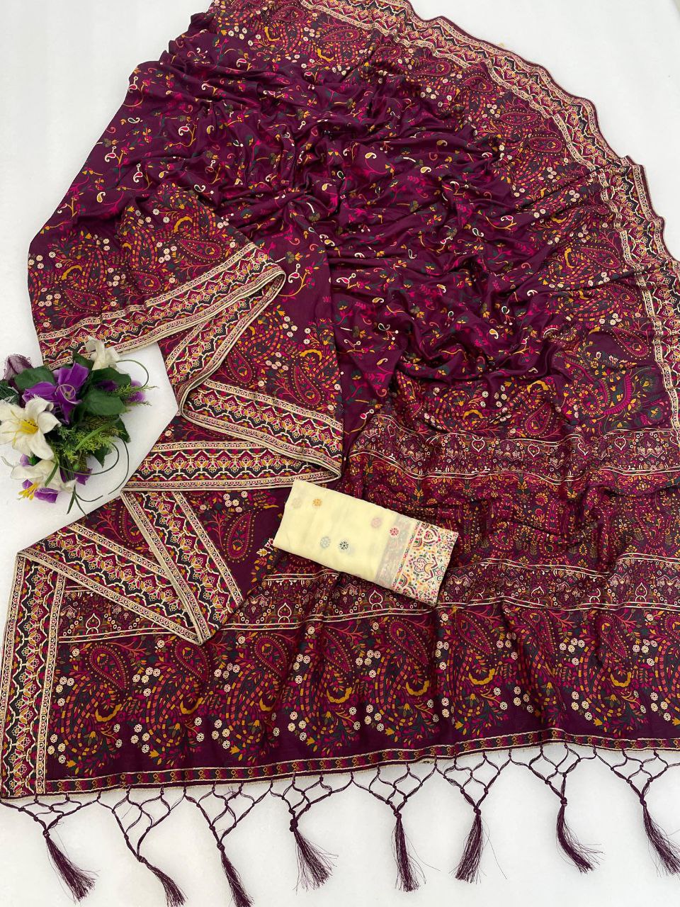 Royal Pashmina Kaju Soft Silk Saree - WINE
