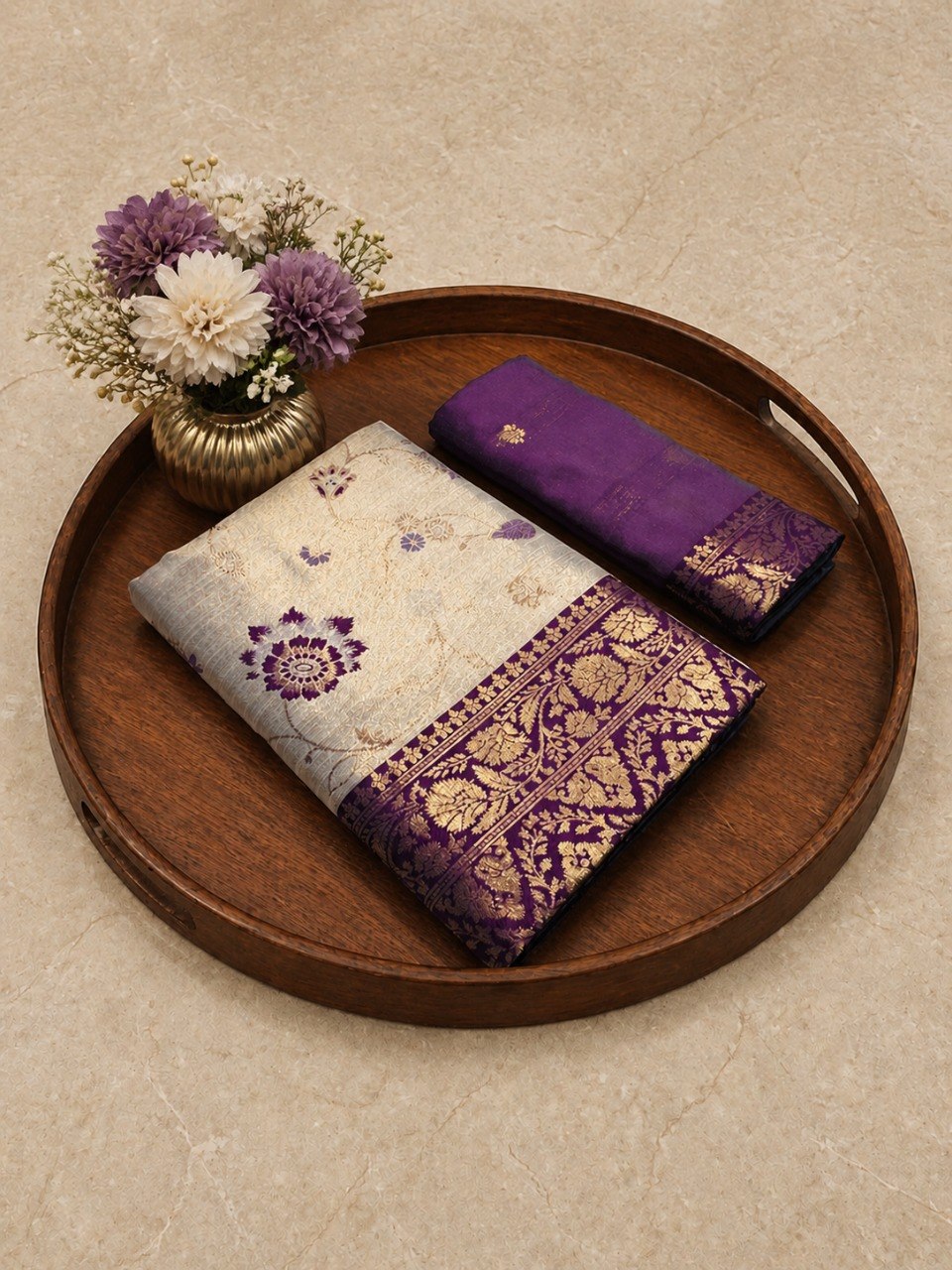 Festive Special Banarasi Silk Saree in Royal Ivory Tone - PURPLE