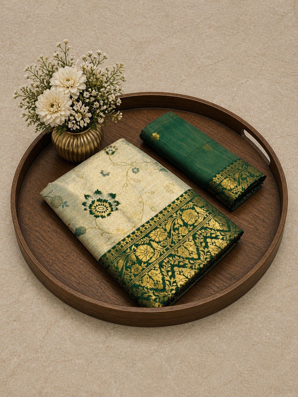 Festive Special Banarasi Silk Saree in Royal Ivory Tone - GREEN