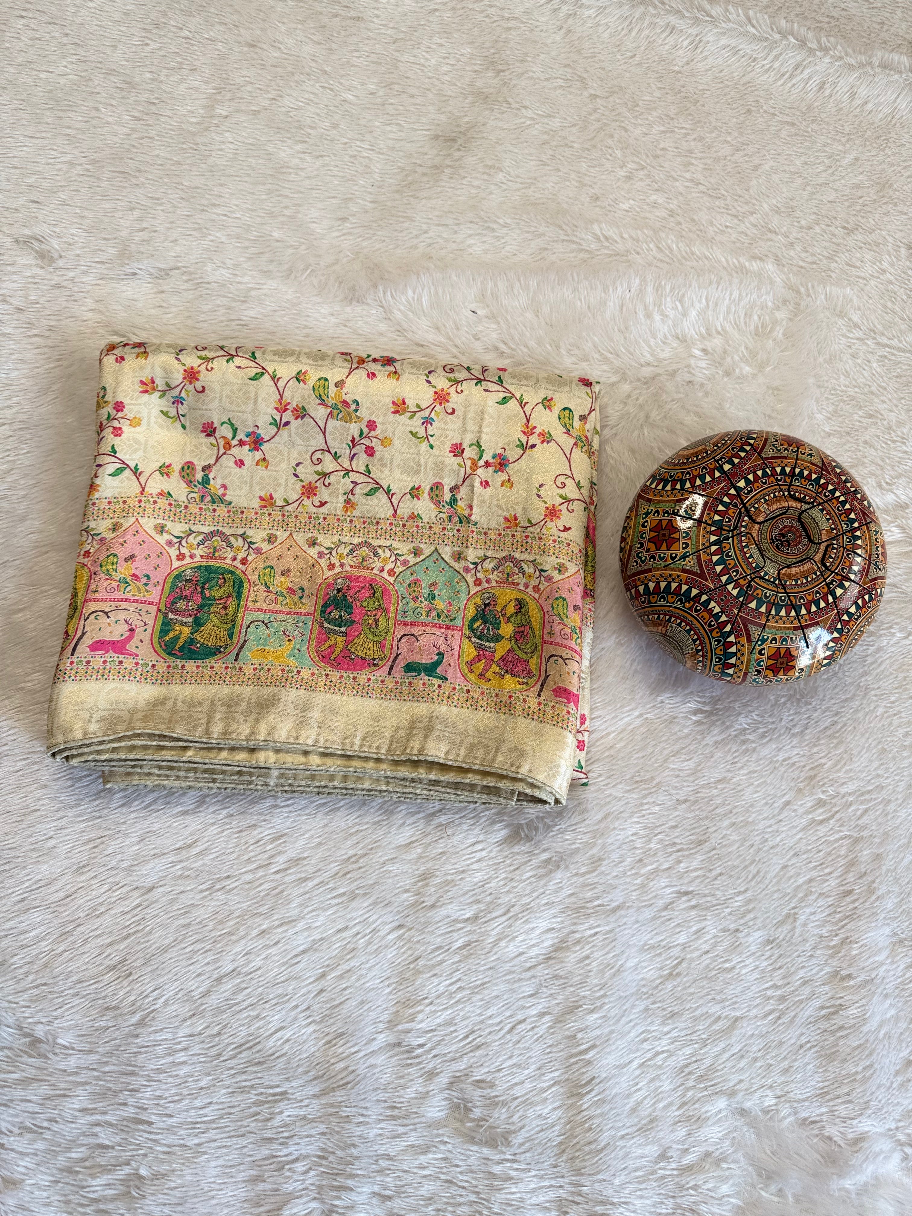 Heritage Figurative Off White Print Saree with Intricate Border Design