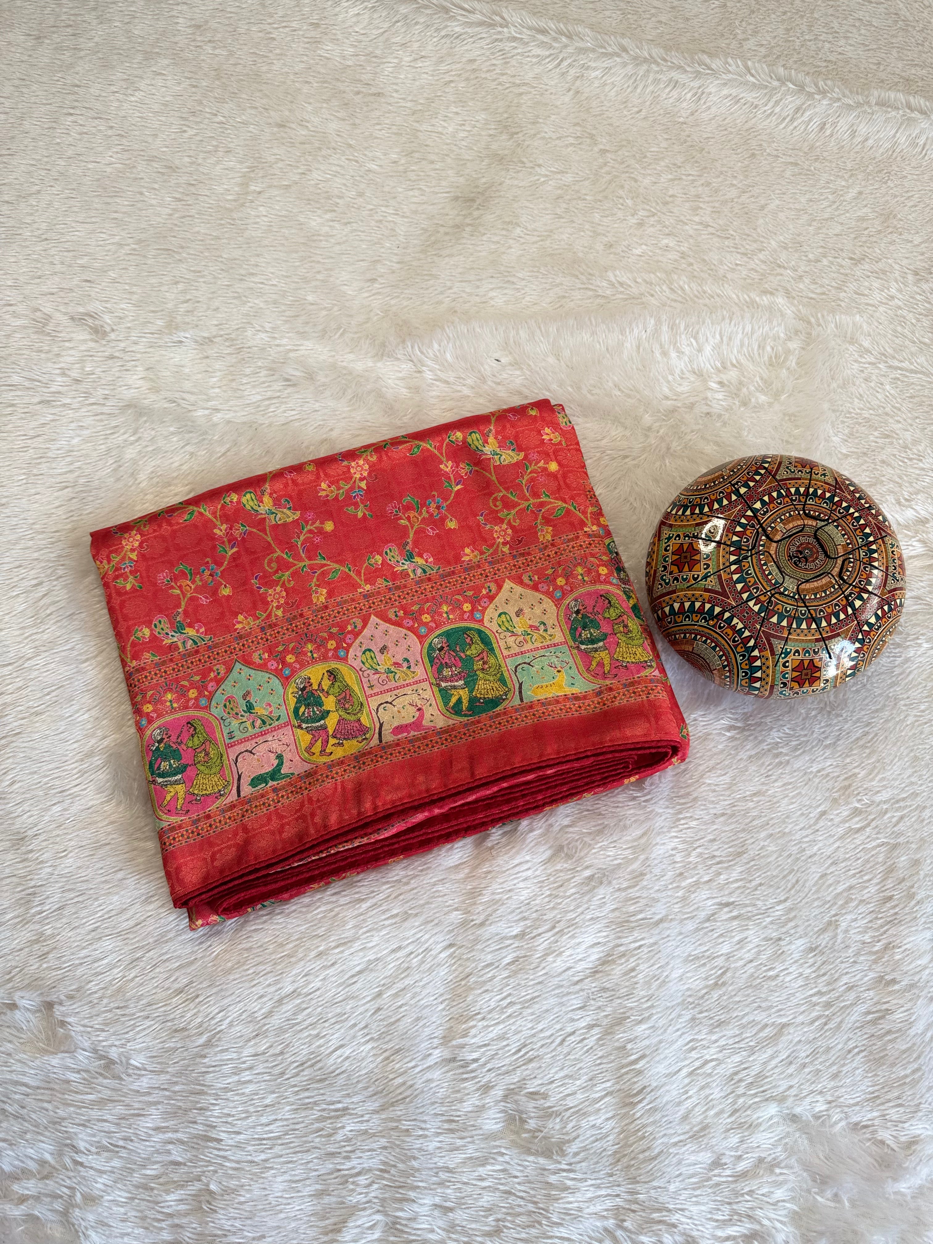 Heritage Figurative Red Print Saree with Intricate Border Design