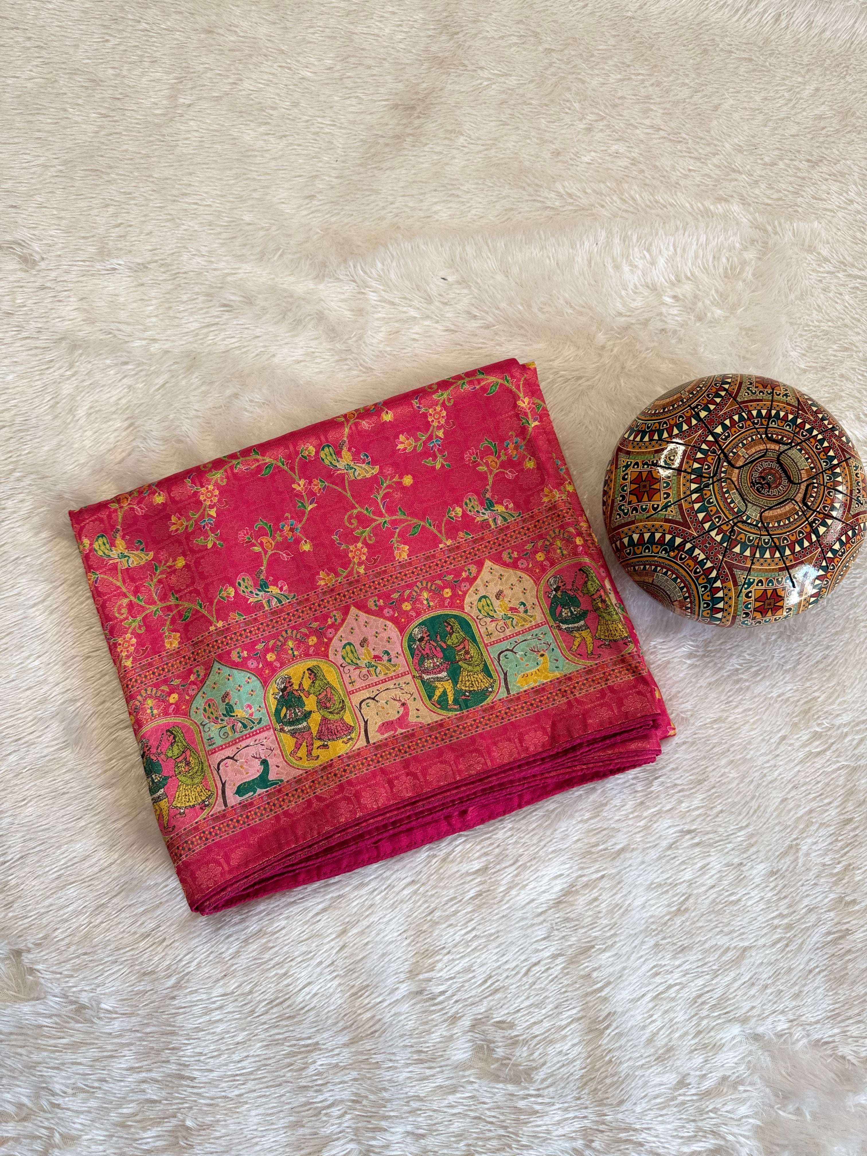 Heritage Figurative pink Print Saree with Intricate Border Design