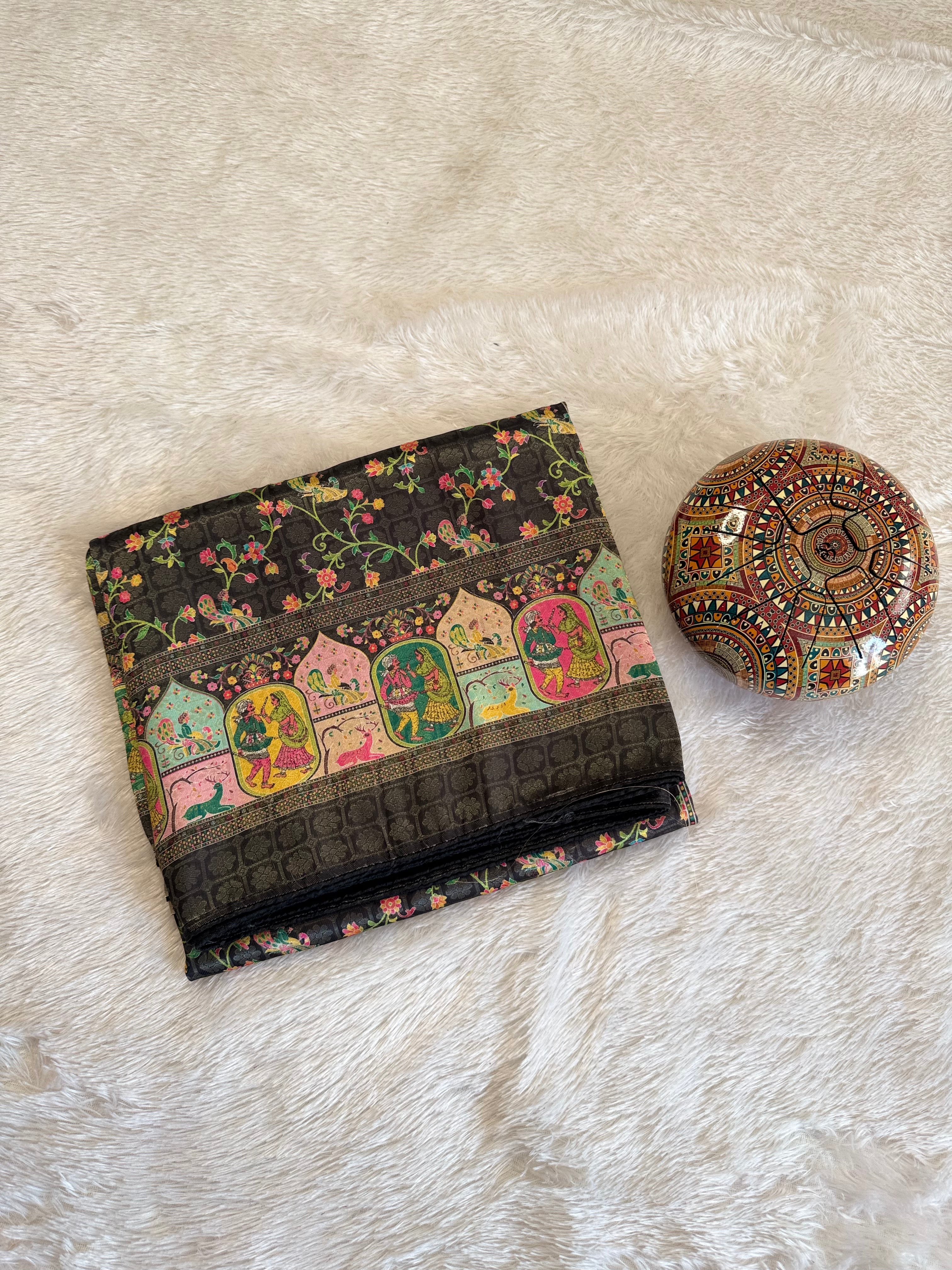 Heritage Figurative Black Print Saree with Intricate Border Design