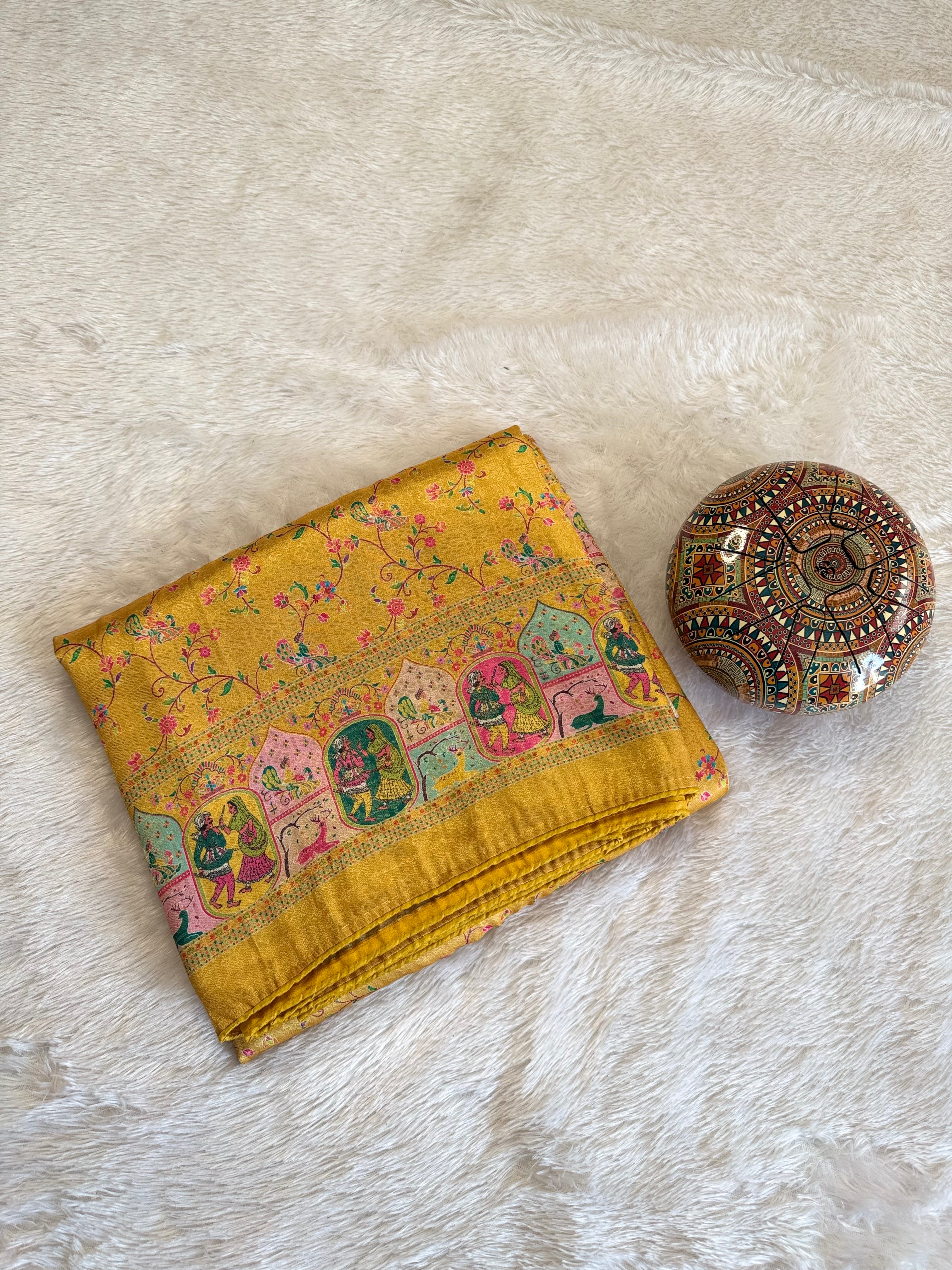 Heritage Figurative yellow  Print Saree with Intricate Border Design