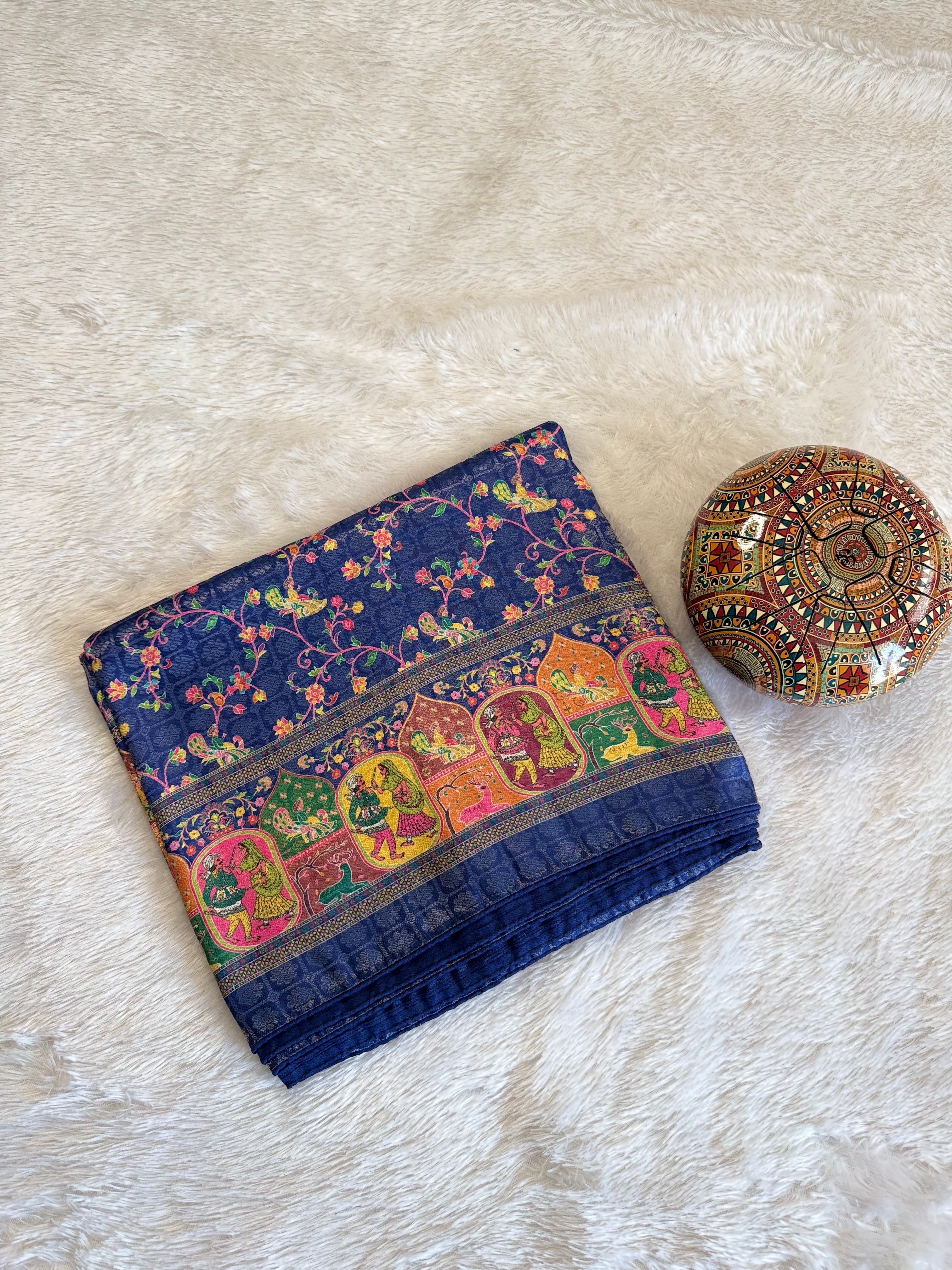 Heritage Figurative Blue  Print Saree with Intricate Border Design