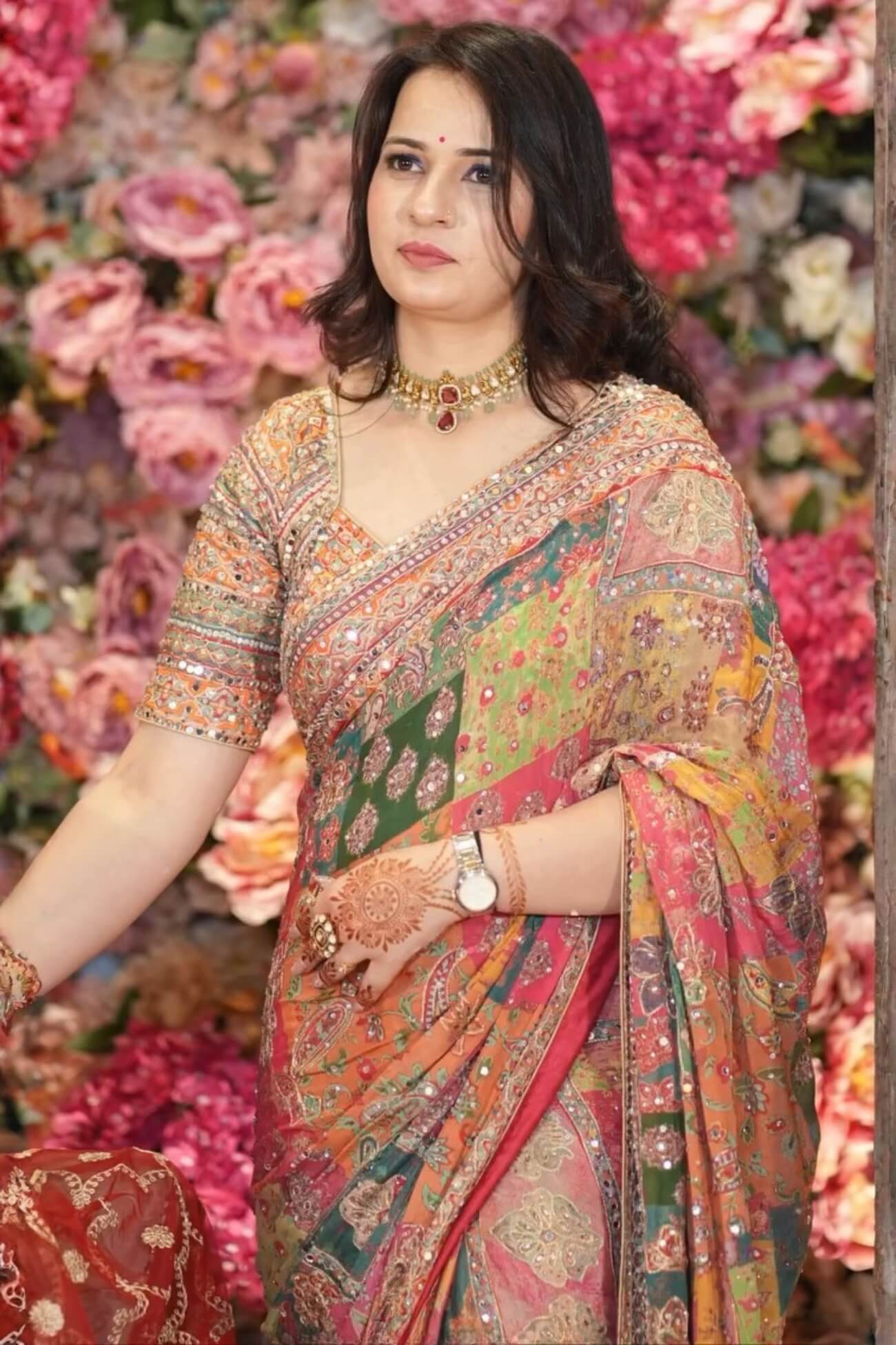 Surreptitious Multicolor Chinon Silk Printed Mirror Work Saree