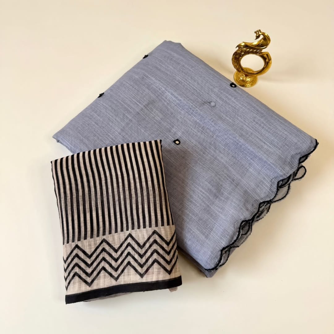 Celebrity Inspired Soft Linen Chanderi Cotton Printed Saree with Foil Mirror & Aari Work Border Elegance - gray