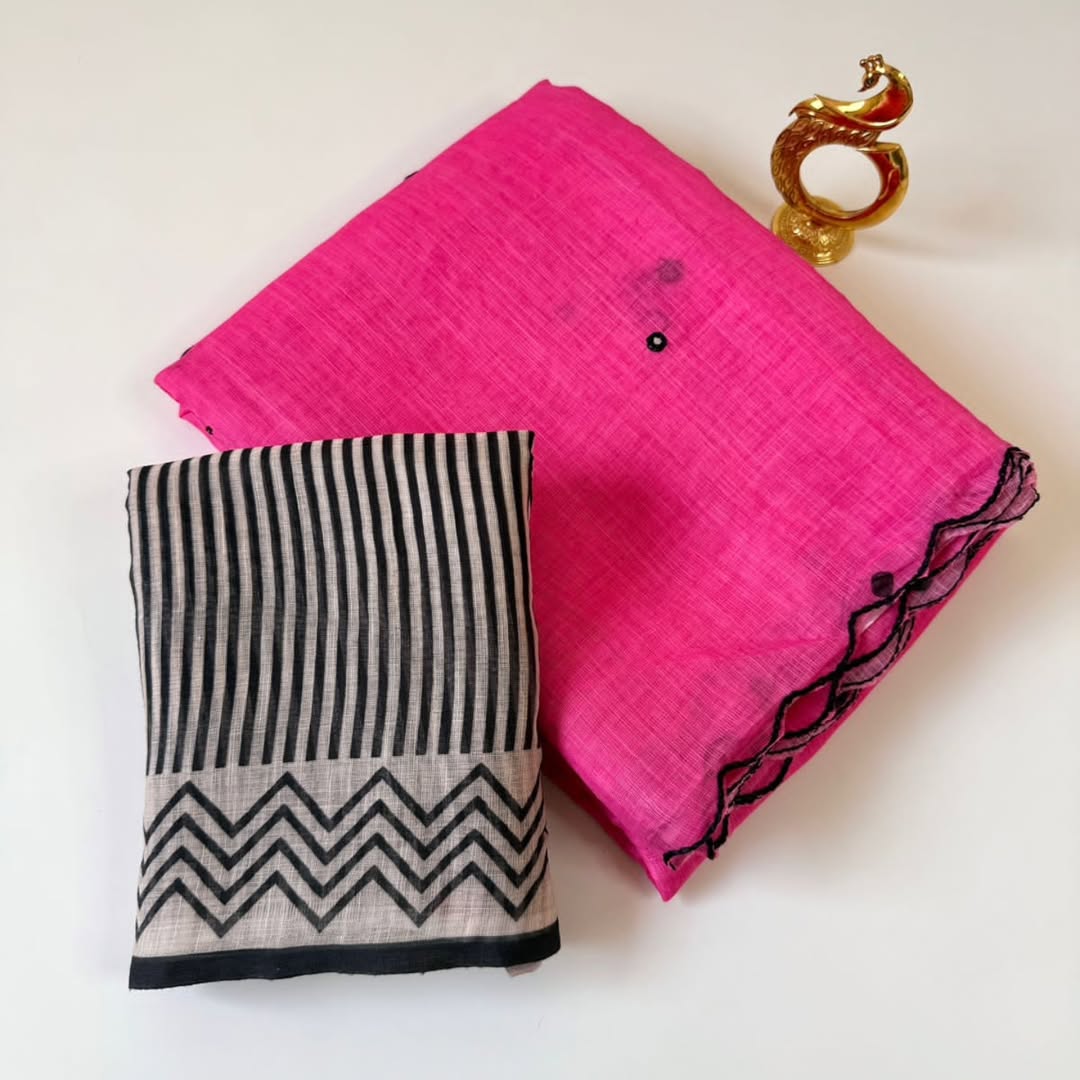 Celebrity Inspired Soft Linen Chanderi Cotton Printed Saree with Foil Mirror & Aari Work Border Elegance -LIGHT PINK