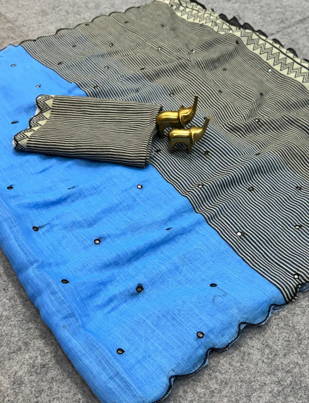 Celebrity Inspired Soft Linen Chanderi Cotton Printed Saree with Foil Mirror & Aari Work Border Elegance - SKY BLUE