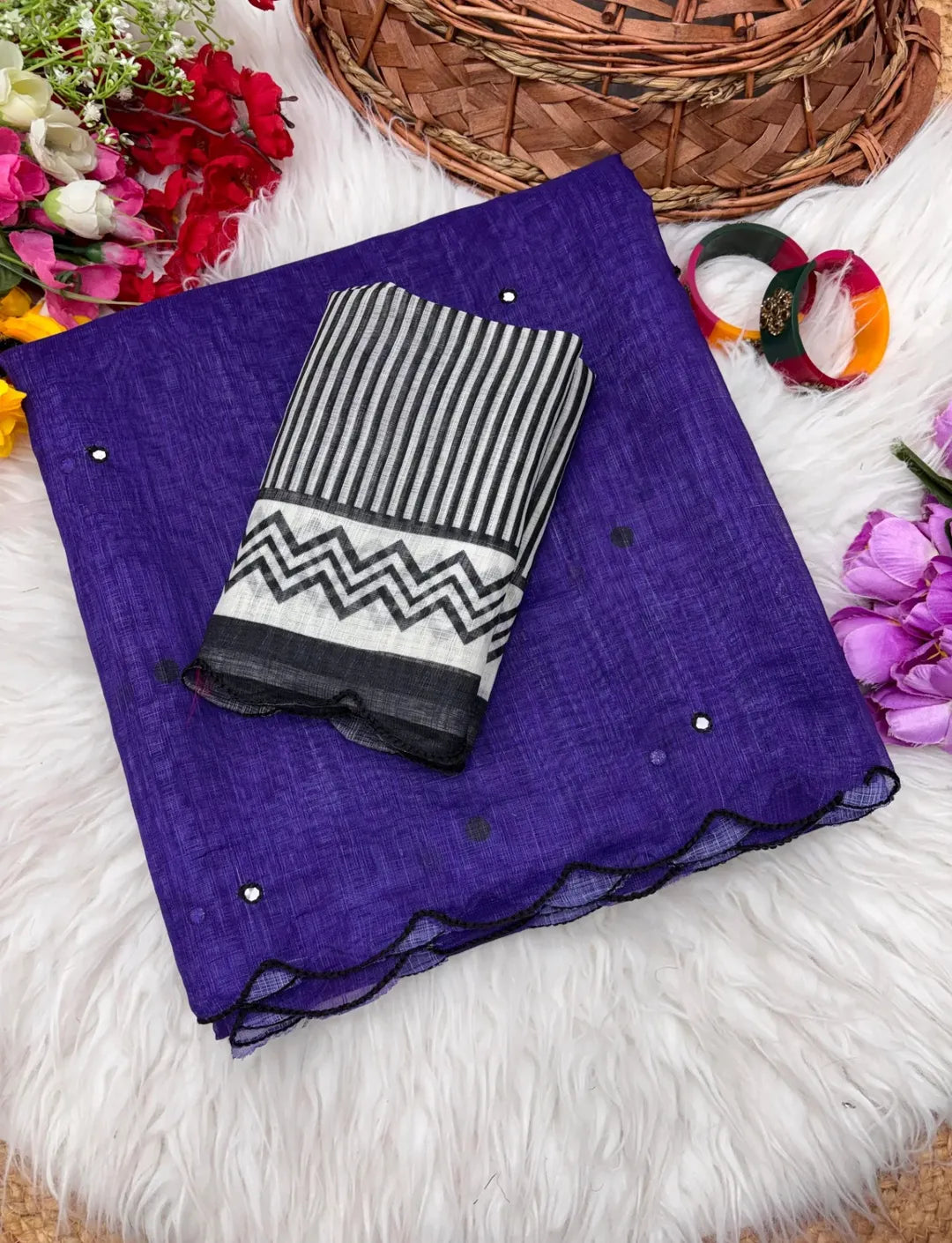 Celebrity Inspired Soft Linen Chanderi Cotton Printed Saree with Foil Mirror & Aari Work Border Elegance -purple