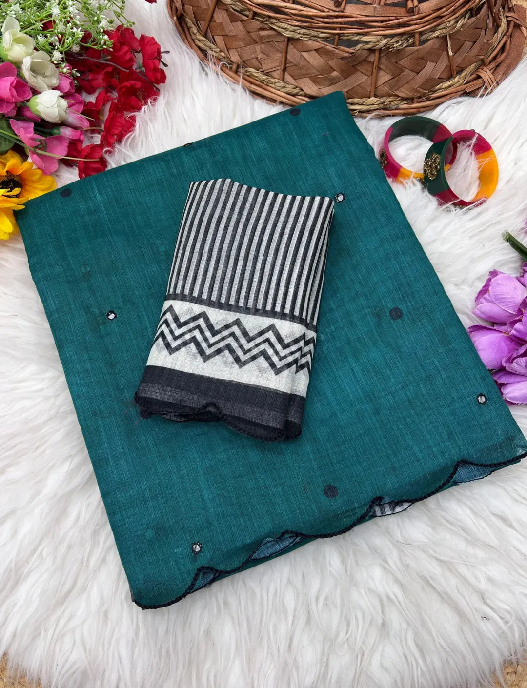 Celebrity Inspired Soft Linen Chanderi Cotton Printed Saree with Foil Mirror & Aari Work Border Elegance RAMA