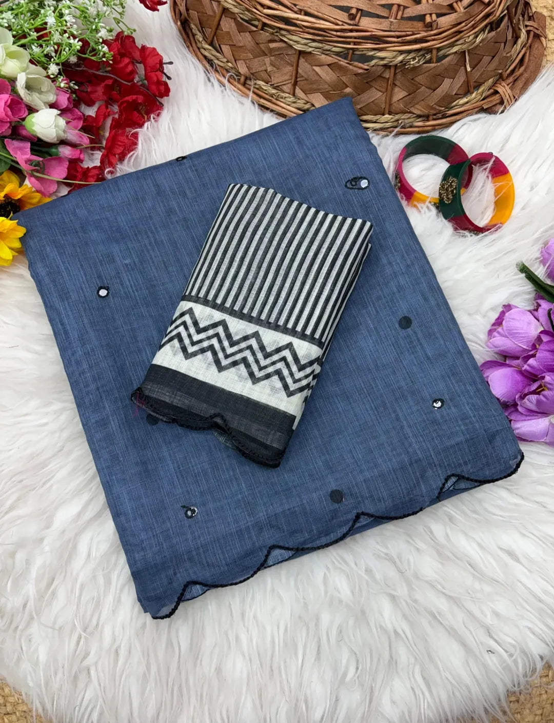 Celebrity Inspired Soft Linen Chanderi Cotton Printed Saree with Foil Mirror & Aari Work Border Elegance - DARK GRAY