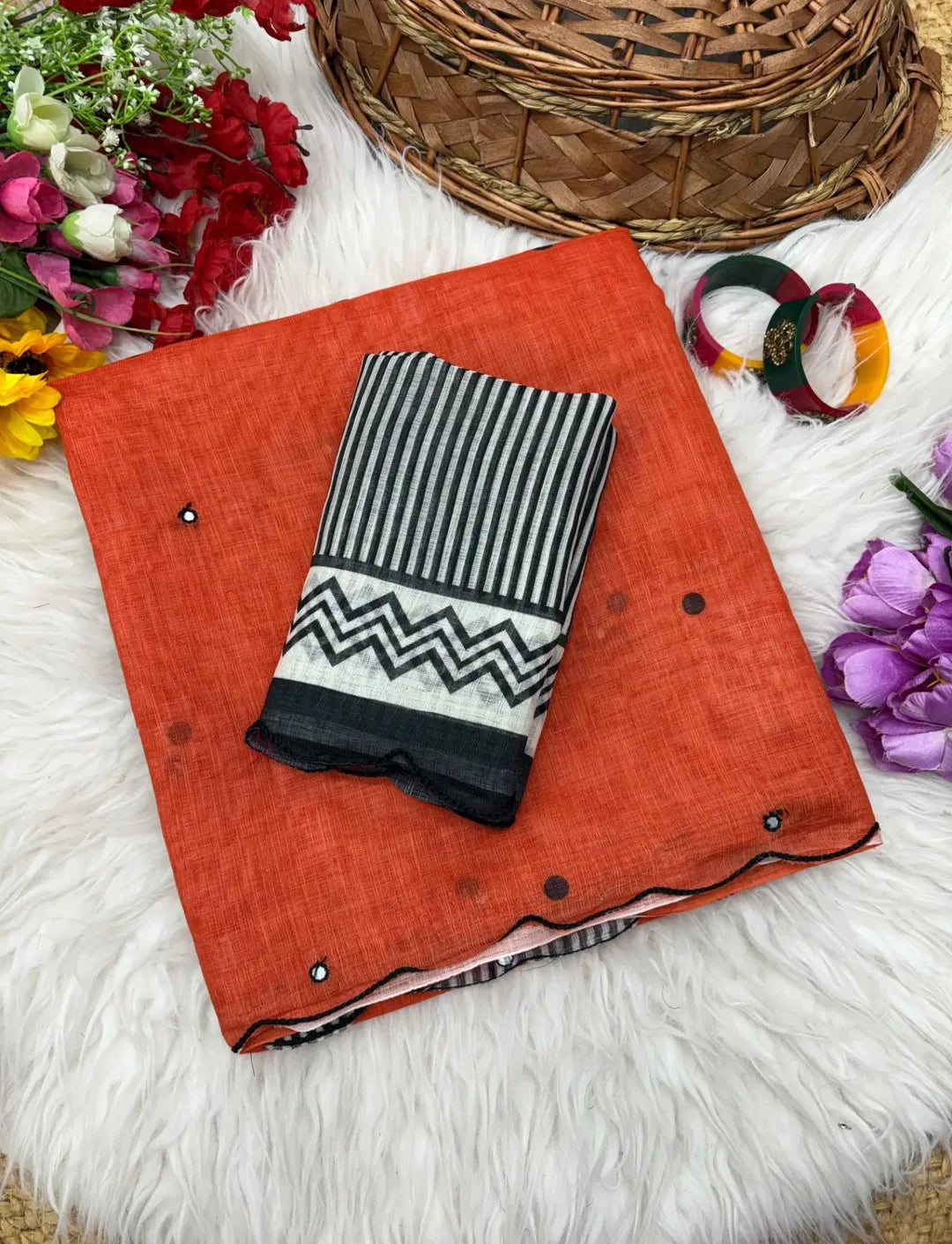 Celebrity Inspired Soft Linen Chanderi Cotton Printed Saree with Foil Mirror & Aari Work Border Elegance -ORANGE