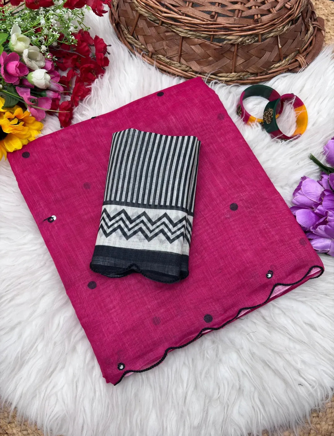 Celebrity Inspired Soft Linen Chanderi Cotton Printed Saree with Foil Mirror & Aari Work Border Elegance -DARK PINK