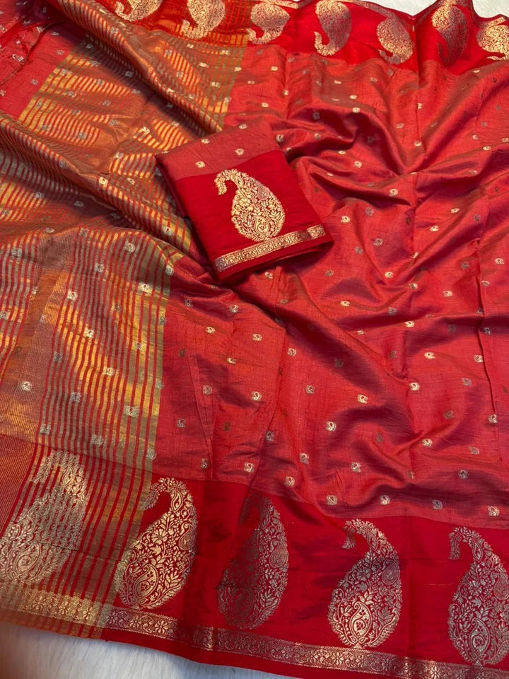 Graceful Party Wear Soft Tussar Silk Jacquard Zari Work Border Fancy Designer Saree For Wedding - RED