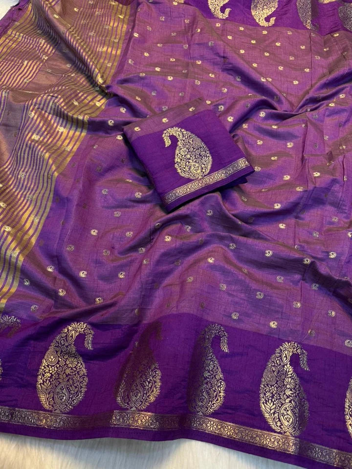 Graceful Party Wear Soft Tussar Silk Jacquard Zari Work Border Fancy Designer Saree For Wedding - PURPLE