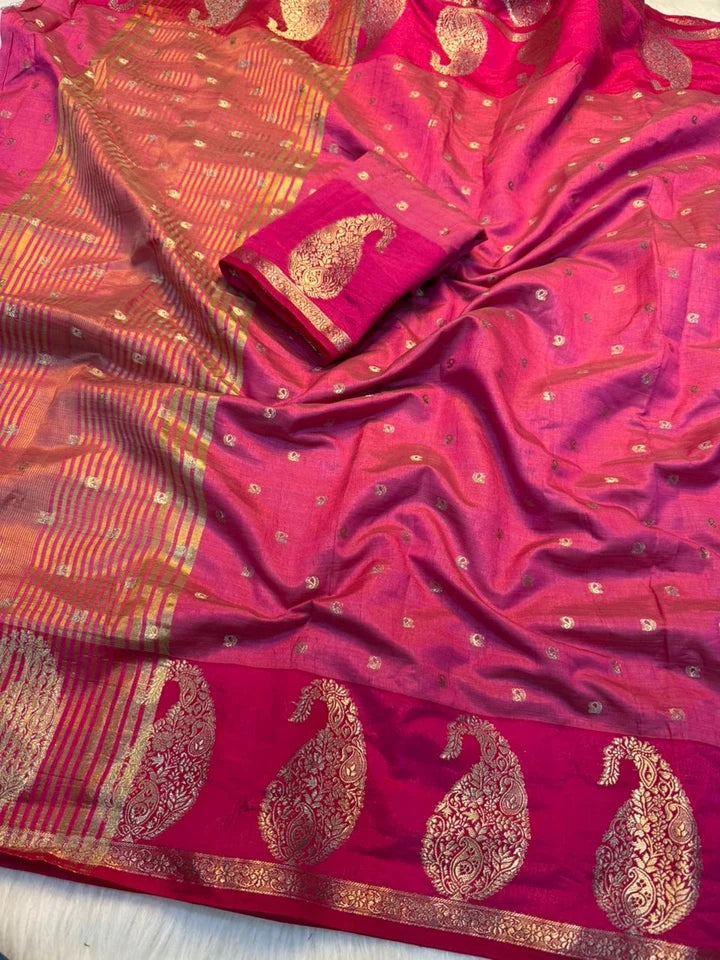 Graceful Party Wear Soft Tussar Silk Jacquard Zari Work Border Fancy Designer Saree For Wedding - PINK