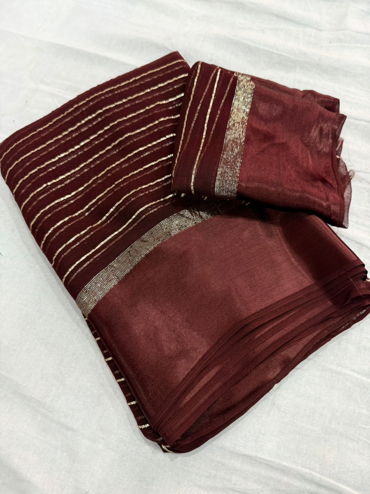 Elegant Brown Viscose Georgette Saree with Satin Patti Border & Running Blouse