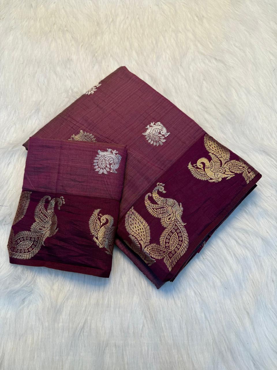 Royal wine Soft Tussar Silk Saree with Chit Pallu & Running Blouse