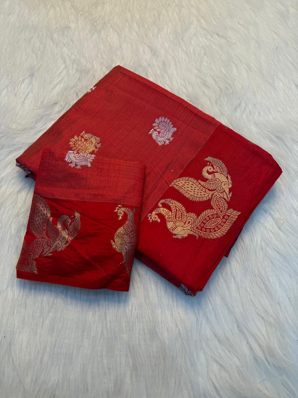 Royal orange Soft Tussar Silk Saree with Chit Pallu & Running Blouse
