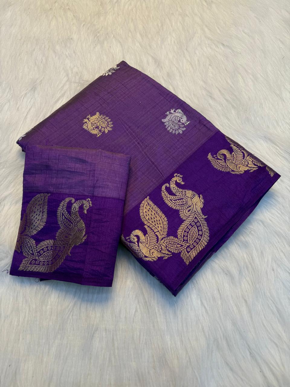 Royal Purple Soft Tussar Silk Saree with Chit Pallu & Running Blouse
