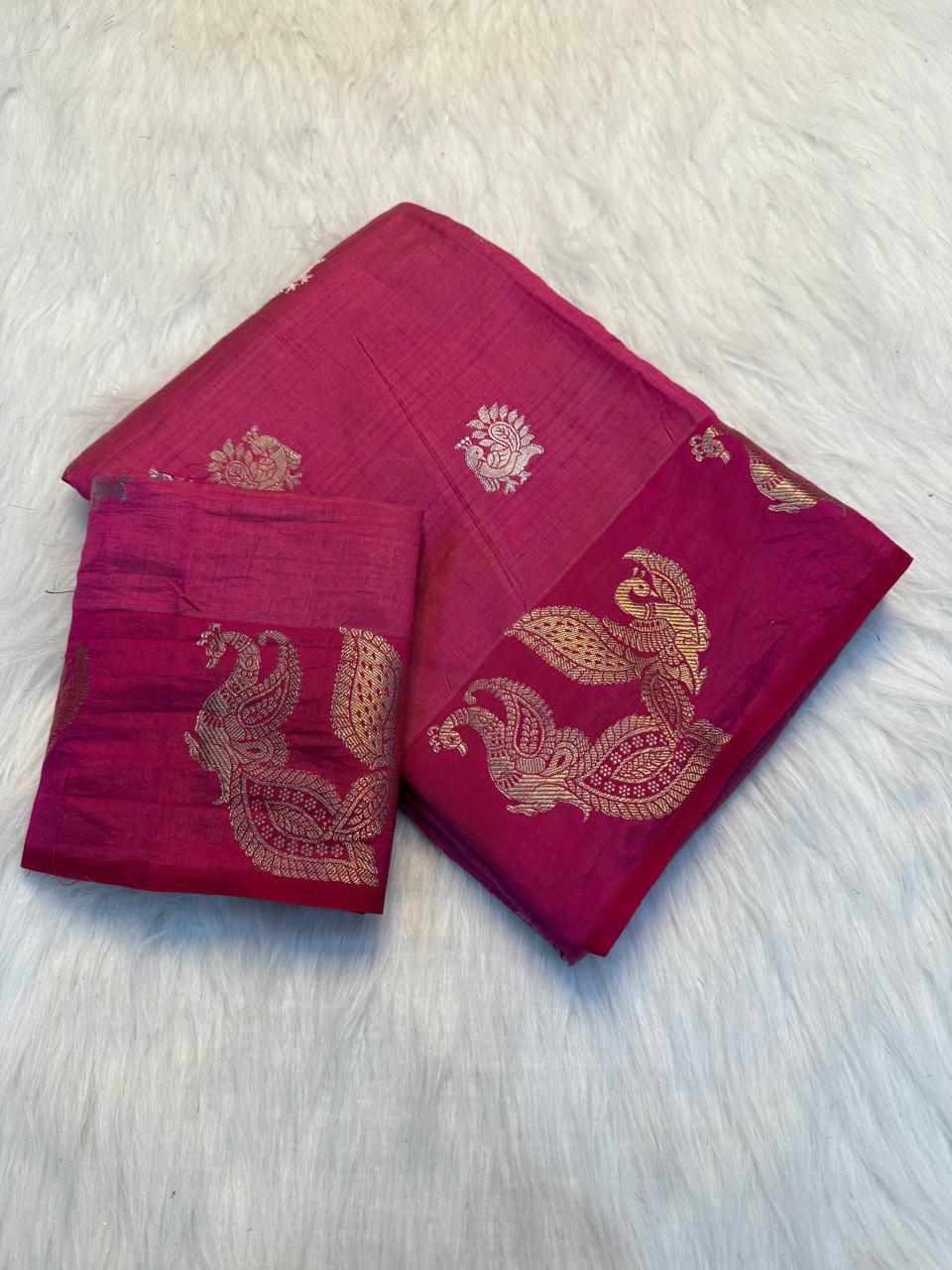 Royal pink Soft Tussar Silk Saree with Chit Pallu & Running Blouse
