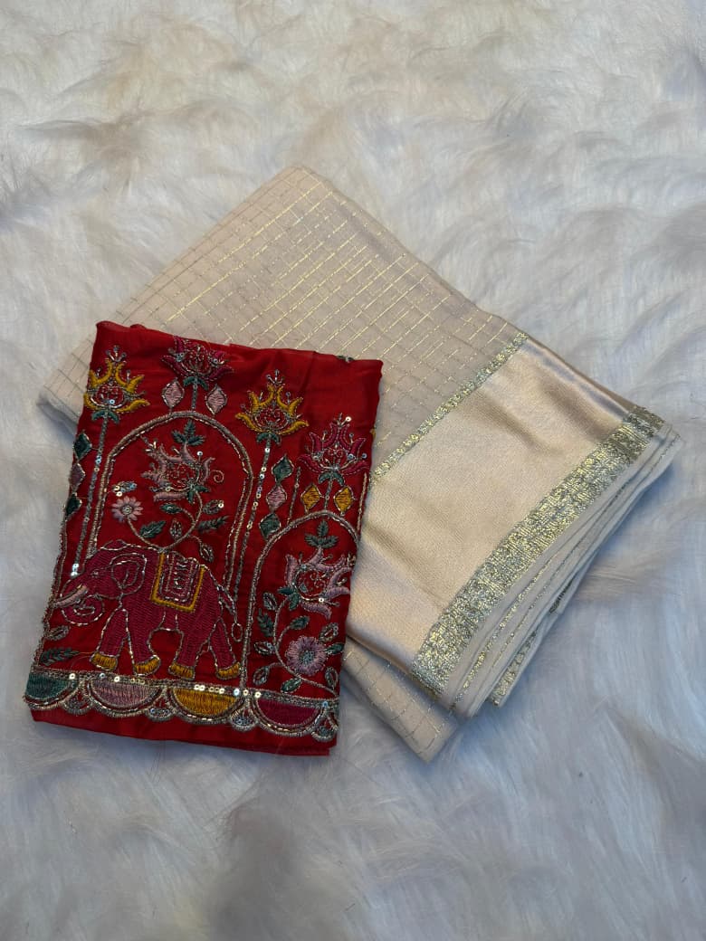 Elegant Viscose Georgette Saree with Multi Bits Sequence Work Blouse : OFF WHITE