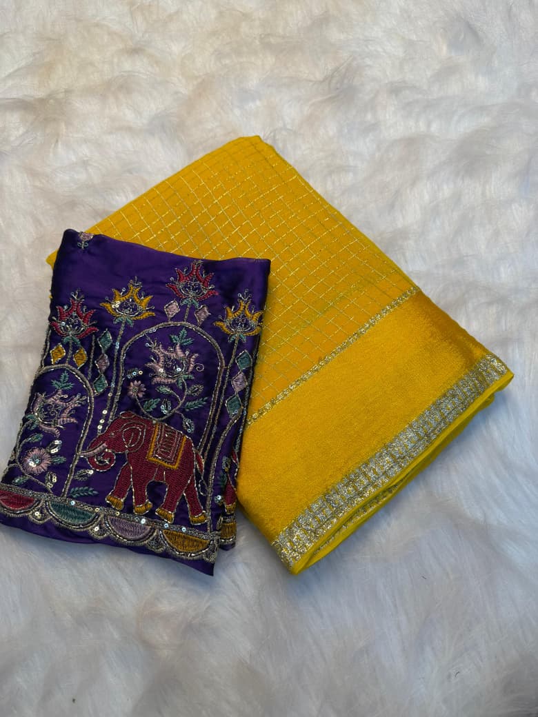 Elegant Viscose Georgette Saree with Multi Bits Sequence Work Blouse : YELLOW