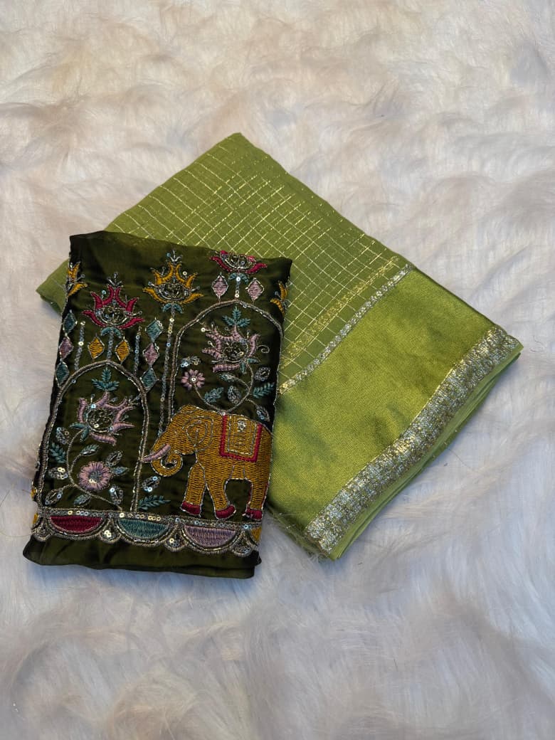 Elegant Viscose Georgette Saree with Multi Bits Sequence Work Blouse : PARROT