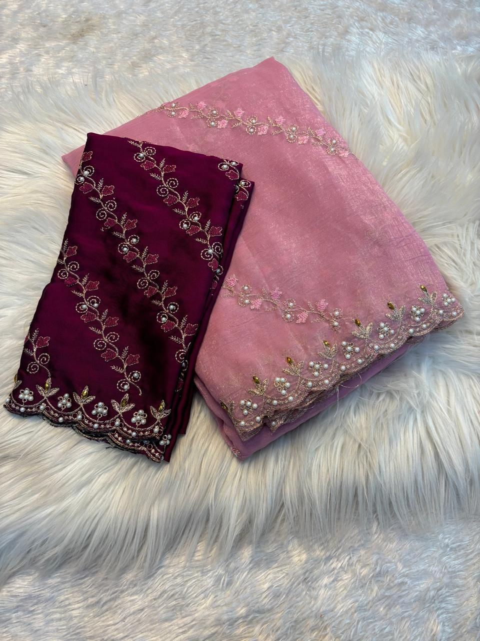 Soft Crunchy Embroidery Saree with Stone Work & Cutwork Finish- LIGHT PINK