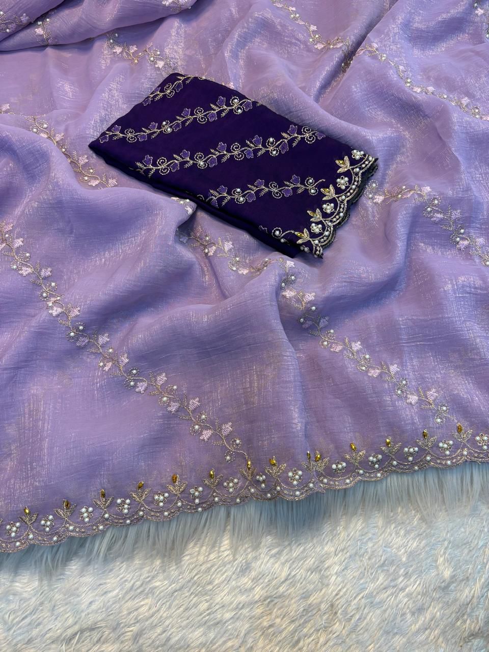 Soft Crunchy Embroidery Saree with Stone Work & Cutwork Finish- LIGHT PURPLE