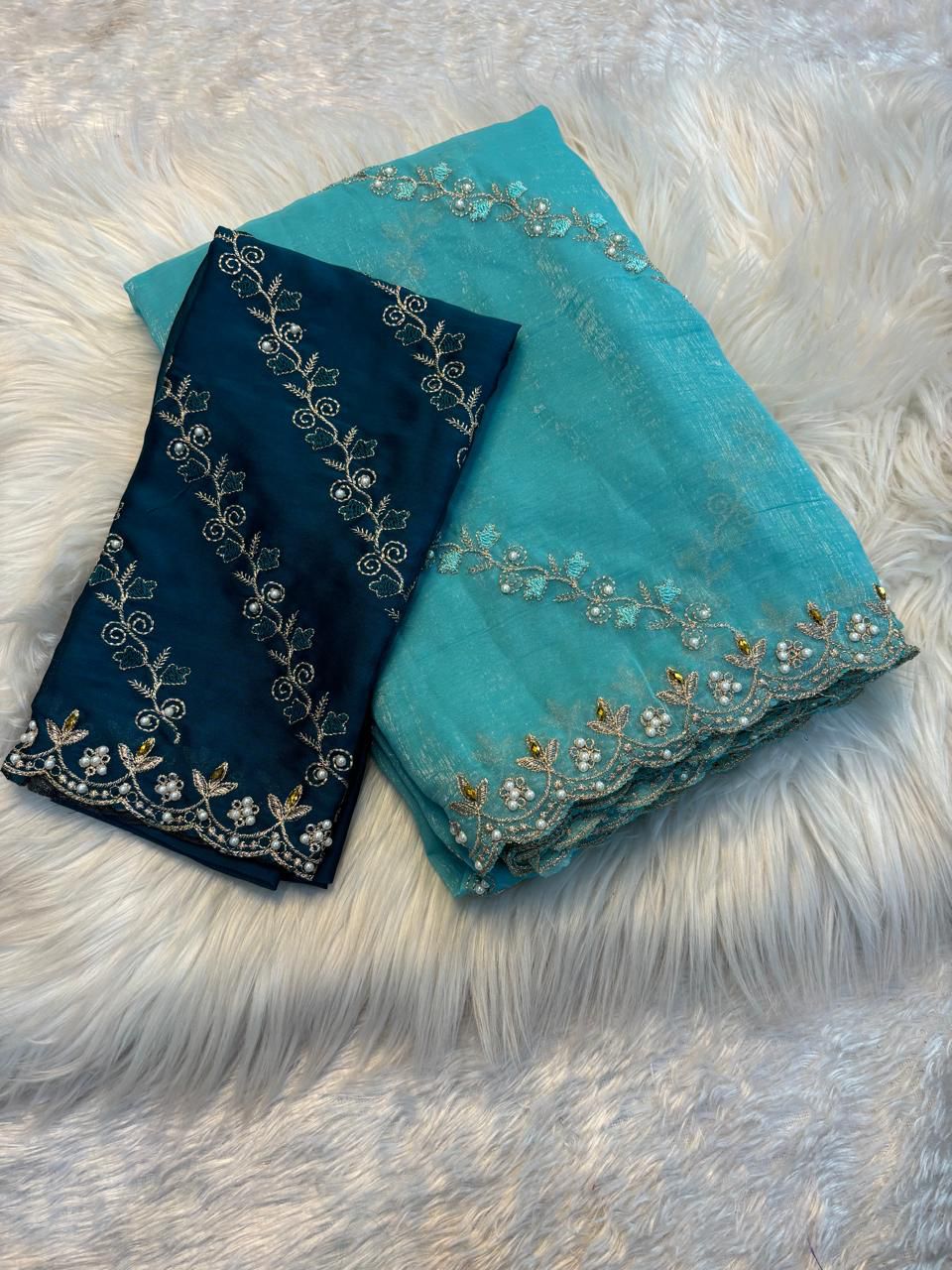 Soft Crunchy Embroidery Saree with Stone Work & Cutwork Finish- SKY