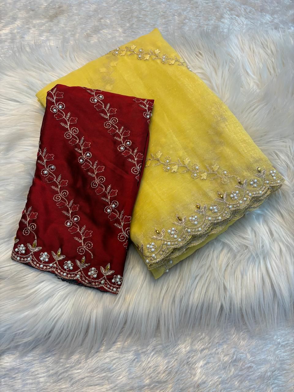Soft Crunchy Embroidery Saree with Stone Work & Cutwork Finish- yellow