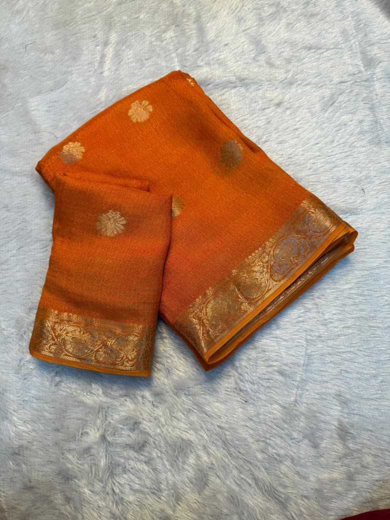 Elegant Pure Viscose Soft Jute Khadi Saree with Heavy Border & Jacquard Butta - ORANGE