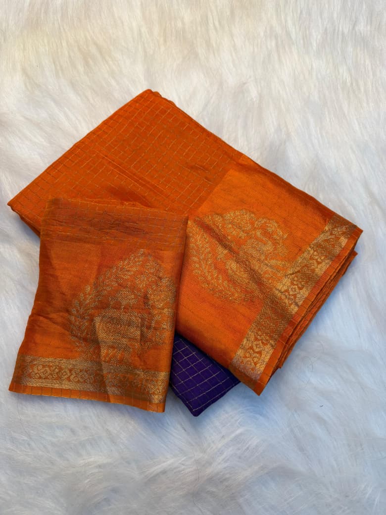 Orange & Purple Zari Weaving Chinon Saree