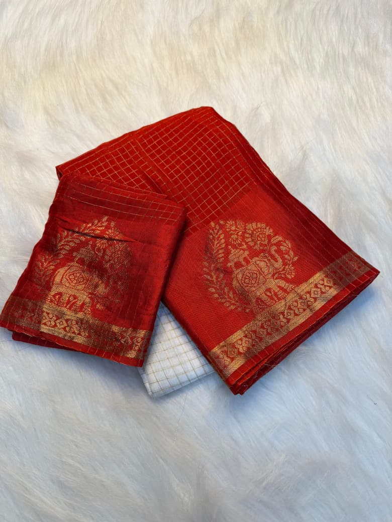 Orange & white Zari Weaving Chinon Saree