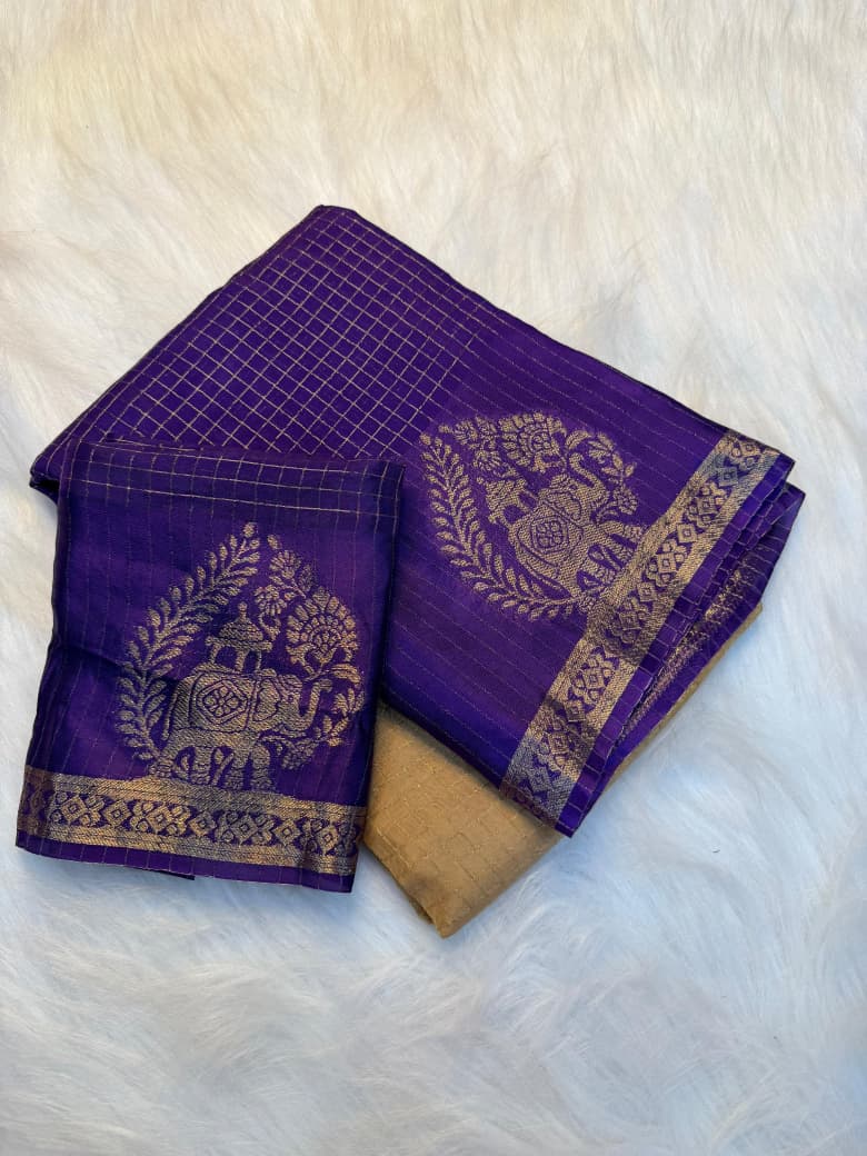 Purple & yellow Zari Weaving Chinon Saree