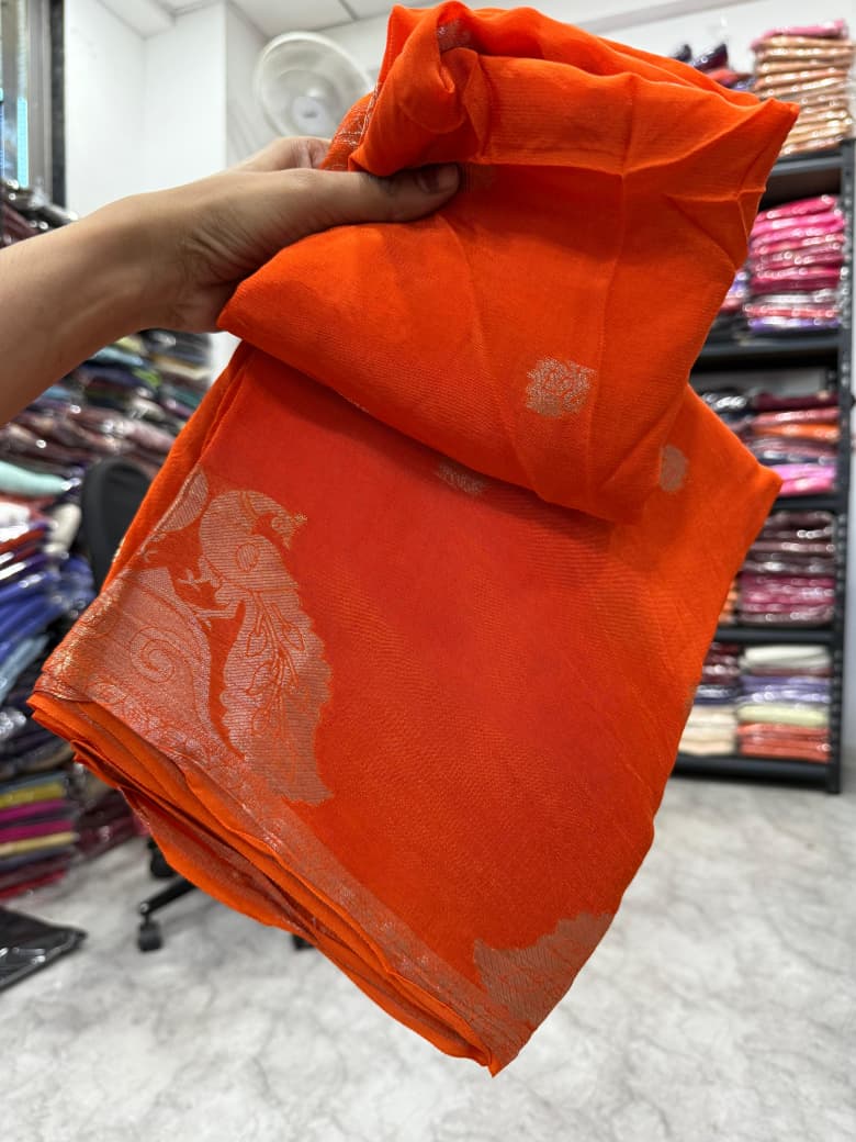 Elegant Pure Viscose Crepe Silk Saree with Running Blouse - ORANGE