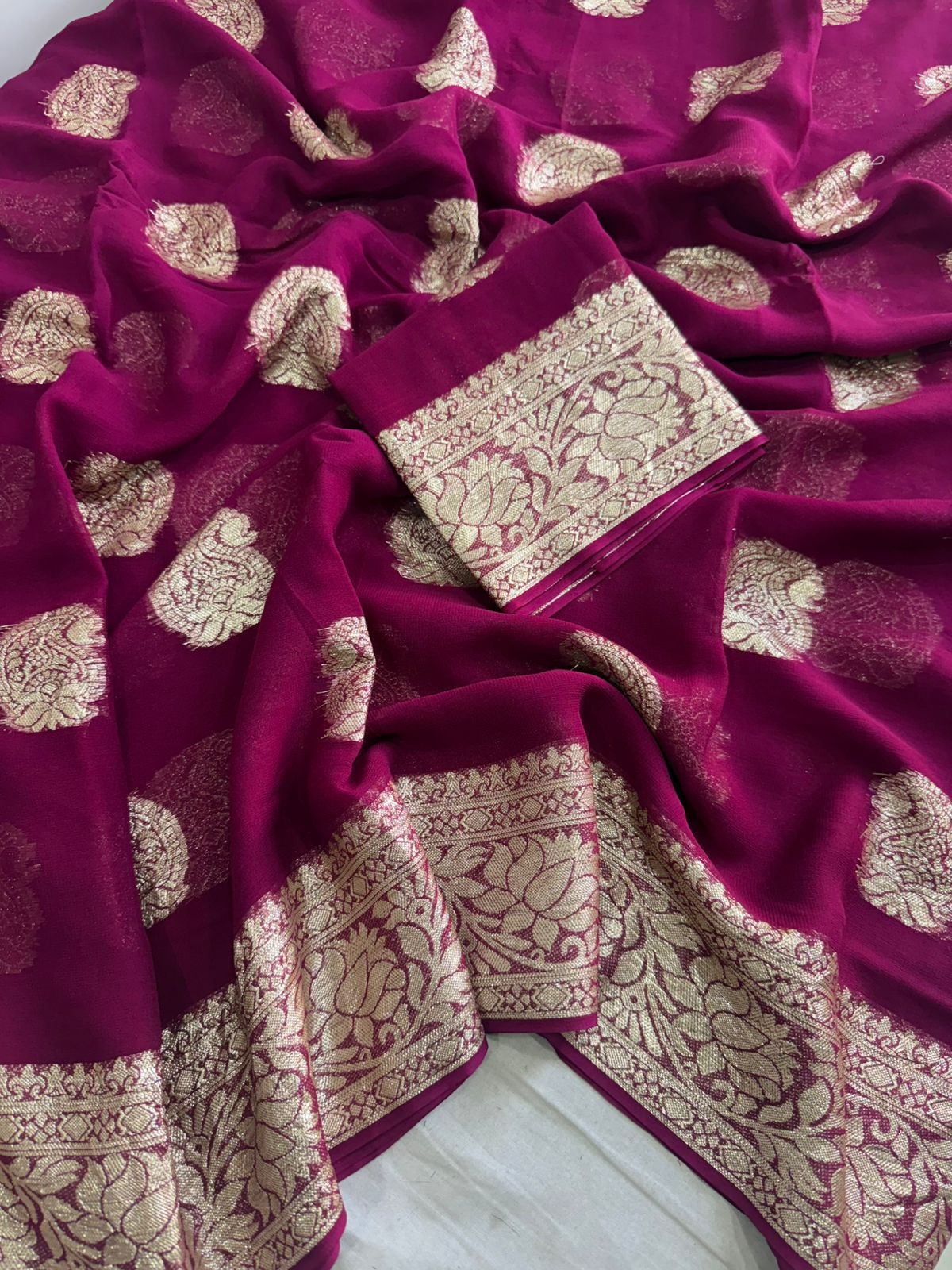 Elegant Viscose Georgette wine Saree With Running Blouse