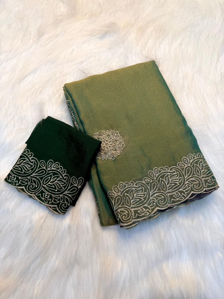 Pure Soft Moss Chiffon Saree with Elegant Multi Embroidery Work - GREEN