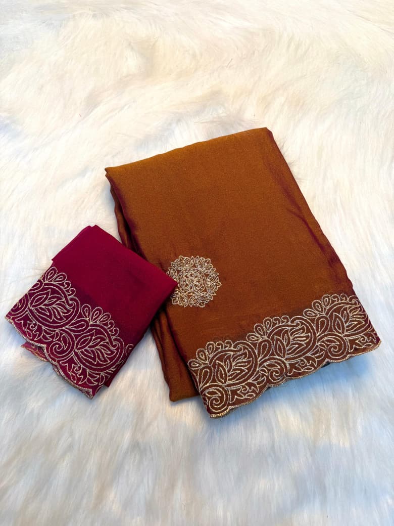 Pure Soft Moss Chiffon Saree with Elegant Multi Embroidery Work - PINK