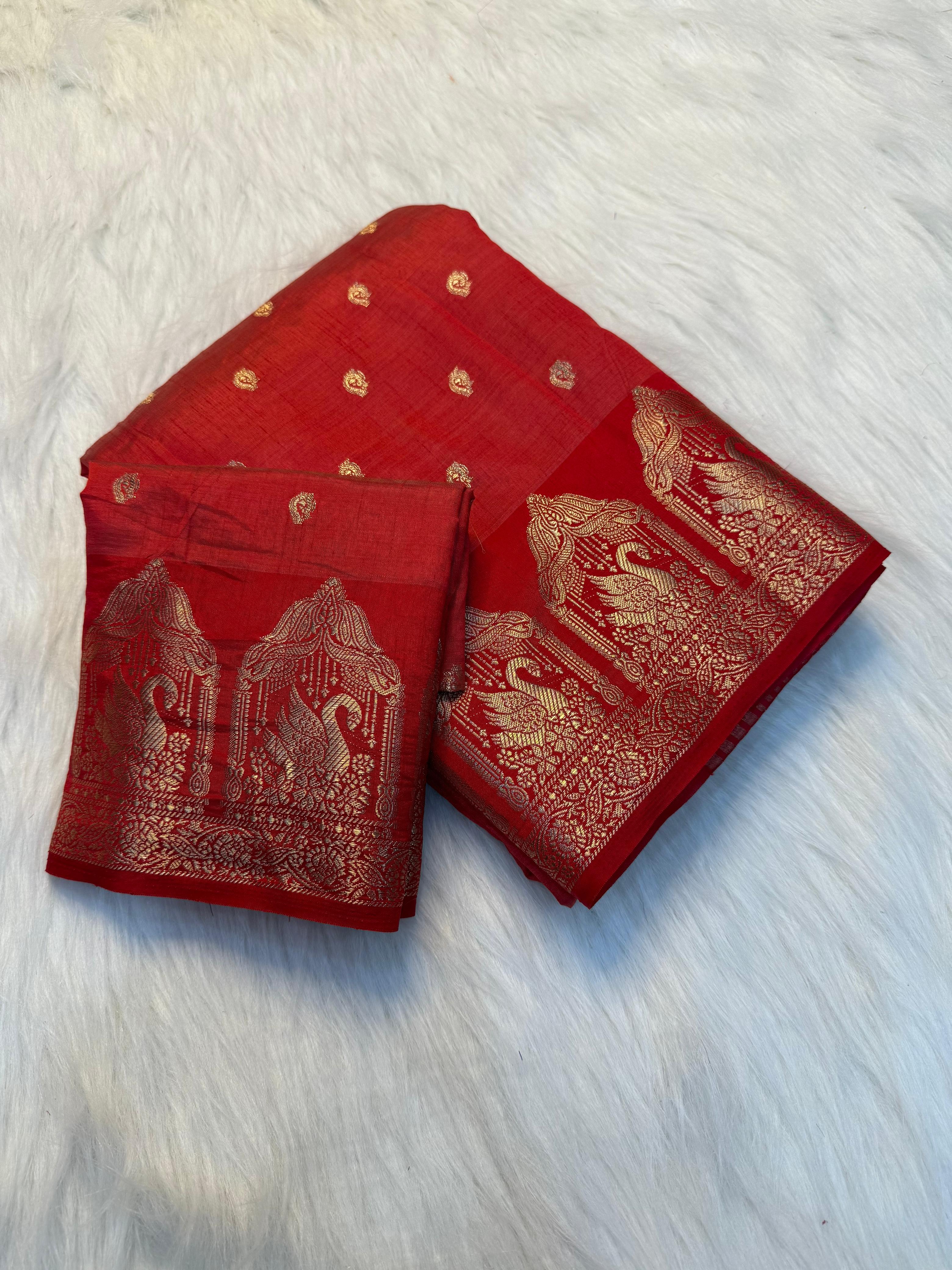 Soft Tusser Silk Saree With Elegant Chit Pallu & Running Blouse ORANGE