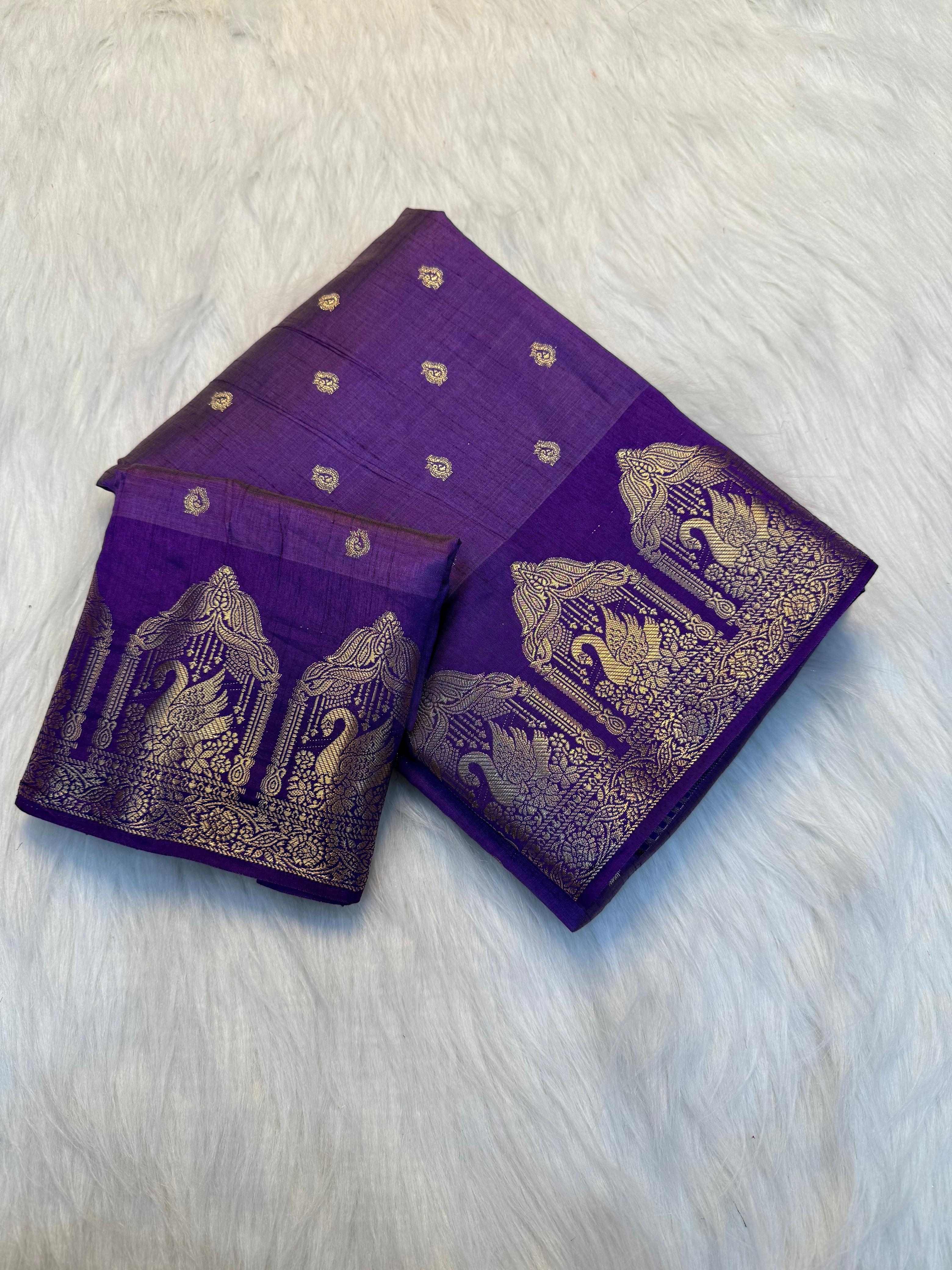 Soft Tusser Silk Saree With Elegant Chit Pallu & Running Blouse PURPLE