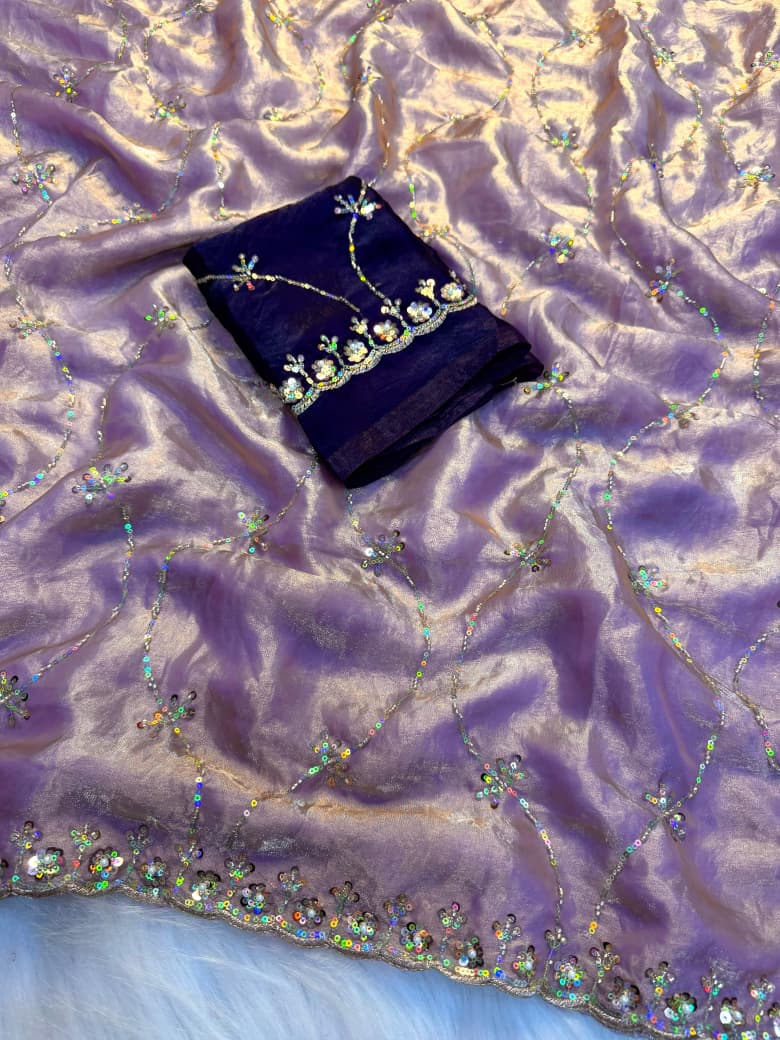 Designer Fancy Saree with Handwork Embellishments & Elegant Sequence Border - PURPLE