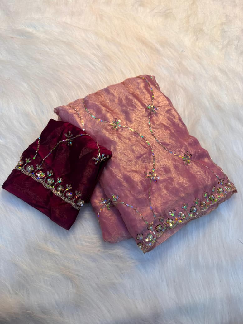 Designer Fancy Saree with Handwork Embellishments & Elegant Sequence Border - PINK