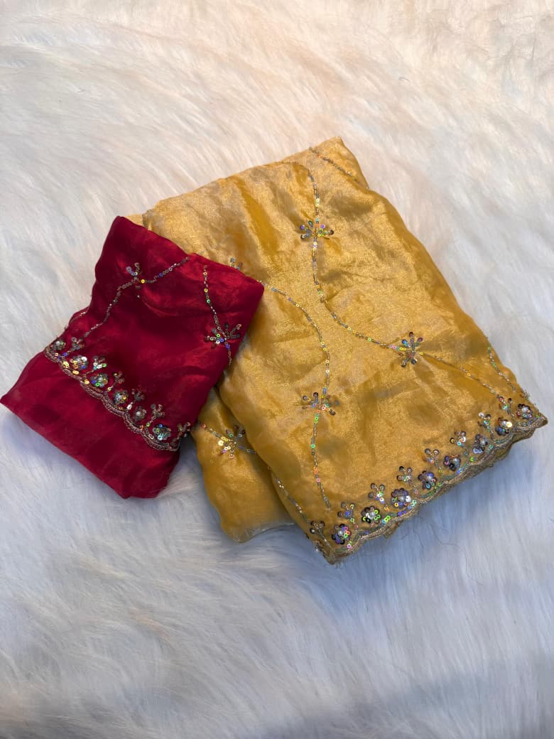 Designer Fancy Saree with Handwork Embellishments & Elegant Sequence Border - YELLOW