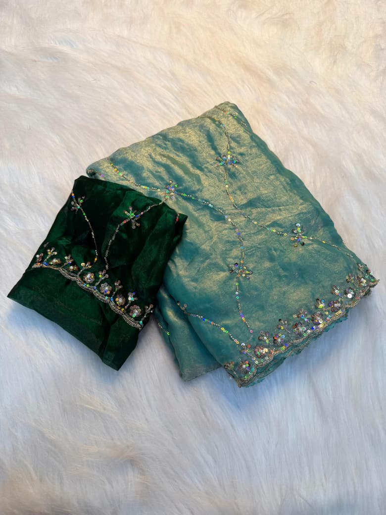 Pure Soft Star Georgette Rangoli Silk Saree with Elegant Contrast Embroidery Work Blouse - SEA GREEN